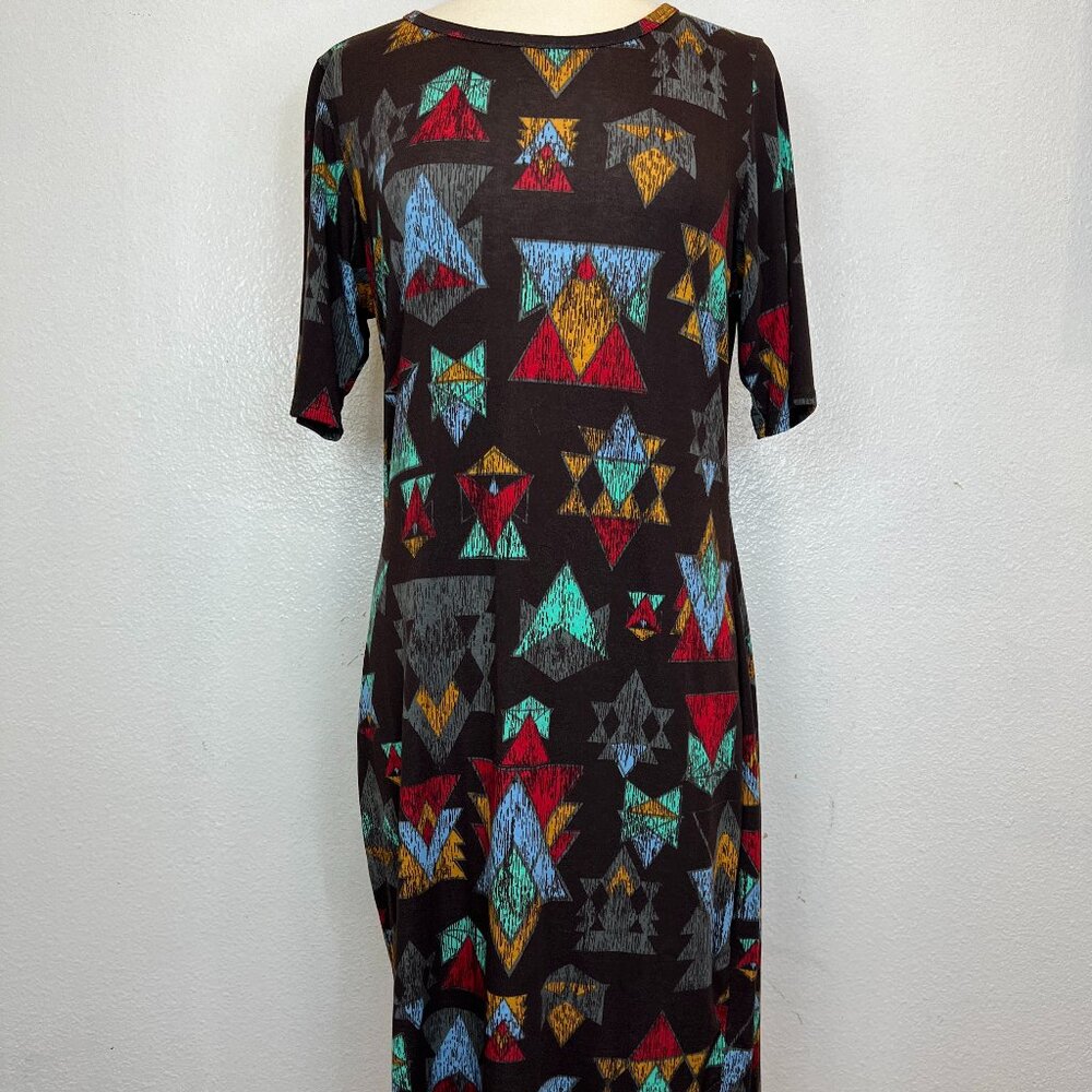 LuLaRoe Julia Dress Brown Multicolor Geometric Pattern Size Large‎